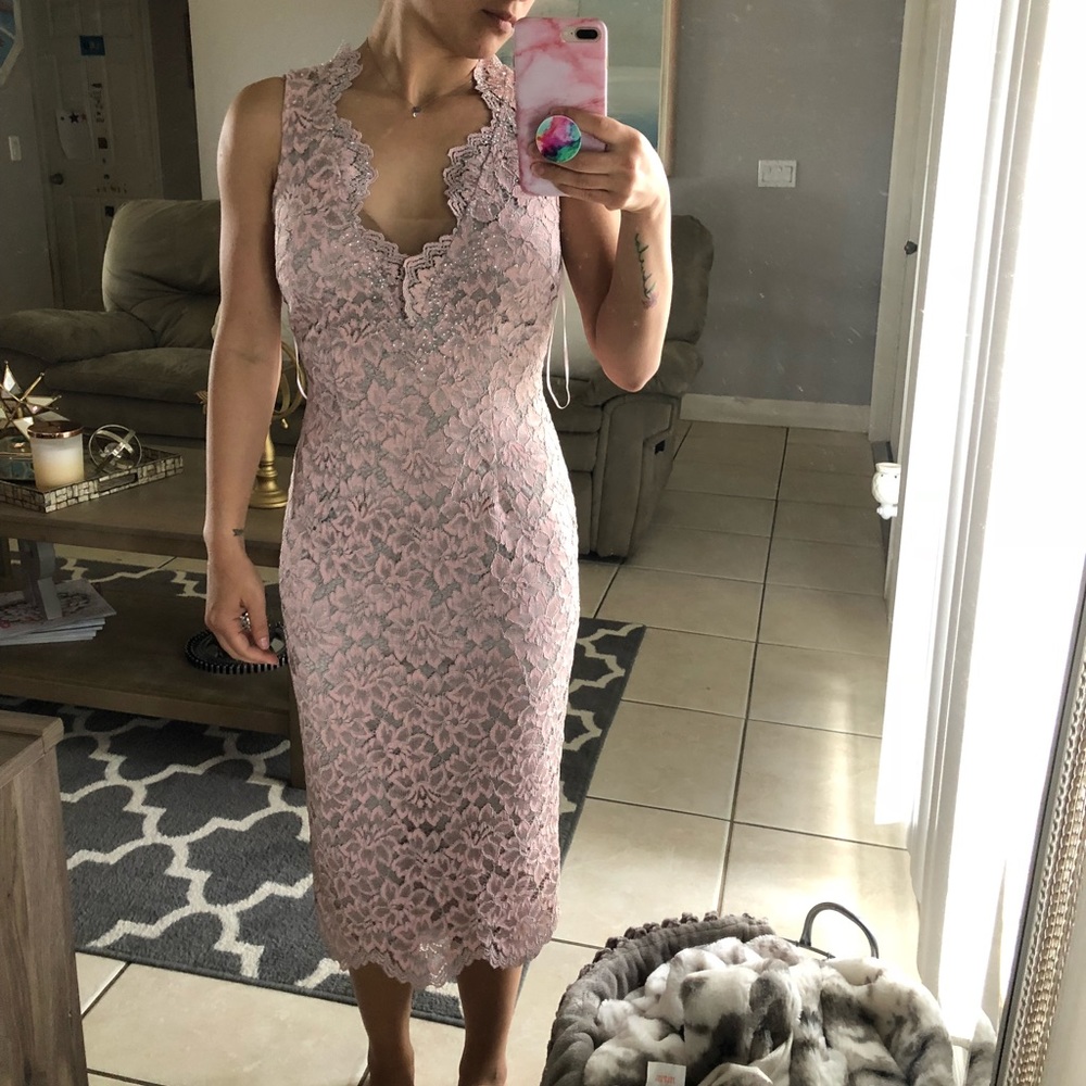 Beautiful pale pink and silver lace midi dress.